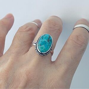 Sterling Silver Oval Genuine Turquoise Ring, Boho Ring, Silver Ring, Stone Rings
